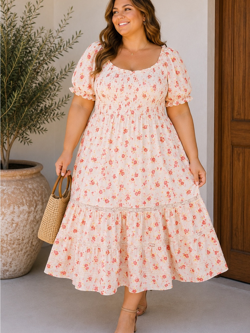 LoveShackFancy Target Floral Smocked Midi Dress Pink Cottagecore XL